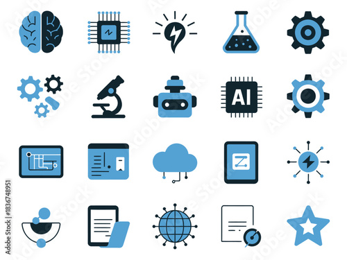 Collection of tech and science icons featuring brain, AI, and devices in blue tones.