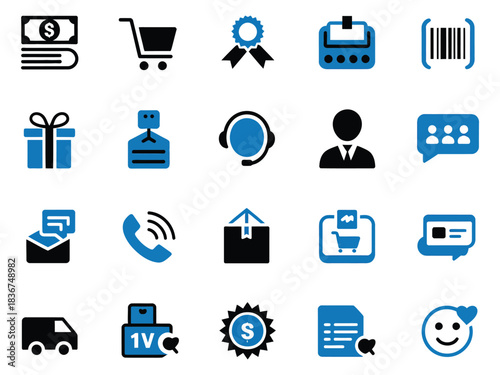 A collection of diverse icons symbolizing commerce, customer service, and communication.