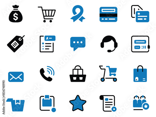 Various e-commerce and customer service icons in blue and black tones on a white background.