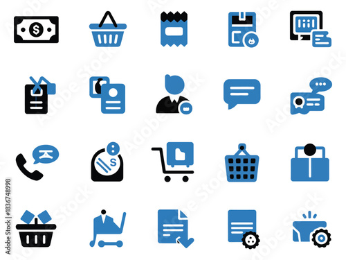 A collection of shopping and financial icons in blue and black, symbolizing e-commerce and transactions.