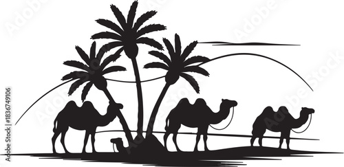 Three camels walk through the desert oasis shaded by silhouette palm trees scene