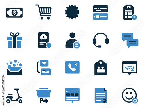 Collection of digital icons representing shopping, customer service, and communication.