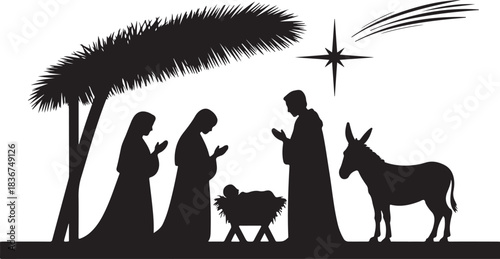 Black silhouette depicts the holy family with baby Jesus, star, and donkey in transparency