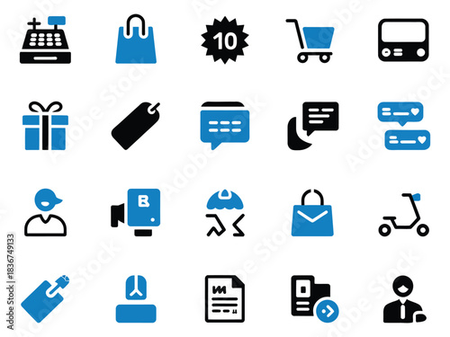 A collection of shopping-related icons featuring blue and black designs.