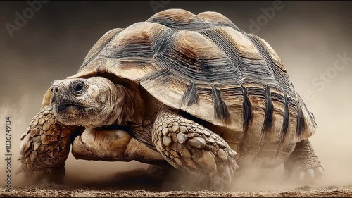 A majestic tortoise slowly traverses a dusty landscape, its textured shell glistening in the soft light. Dust particles dance around it, creating a mystical atmosphere.