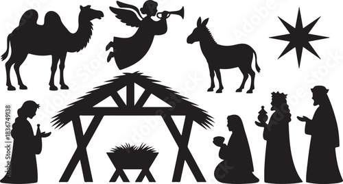 Black silhouette showcases Christmas nativity with three wise men, star, and flying angel