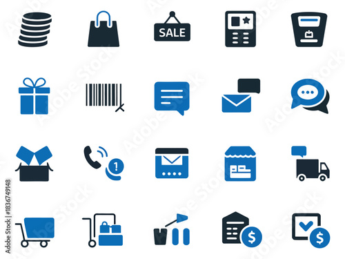 Collection of diverse shopping and ecommerce icons in blue tones.