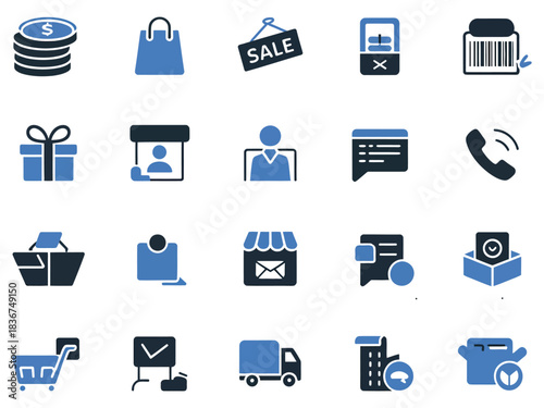 Collection of e-commerce and shopping icons, representing various retail concepts and communication.