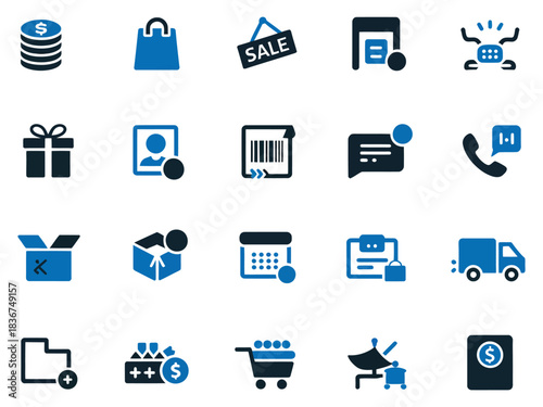 A collection of various blue icons representing retail, e-commerce, and communication themes.
