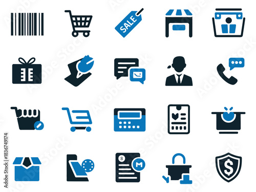 A collection of shopping and business icons in blue and black, representing commerce and communication.