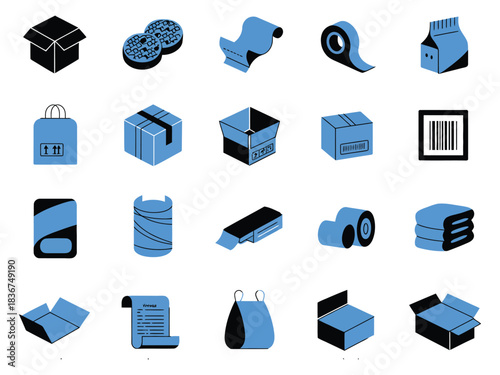 A collection of various packaging icons in blue and black, depicting different materials and formats.