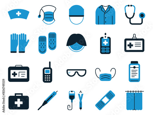Medical icons representing healthcare essentials, including masks, stethoscopes, and first aid kits.