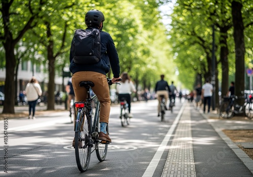 Wallpaper Mural Man wearing helmet and backpack cycling a bike on a green urban street Torontodigital.ca