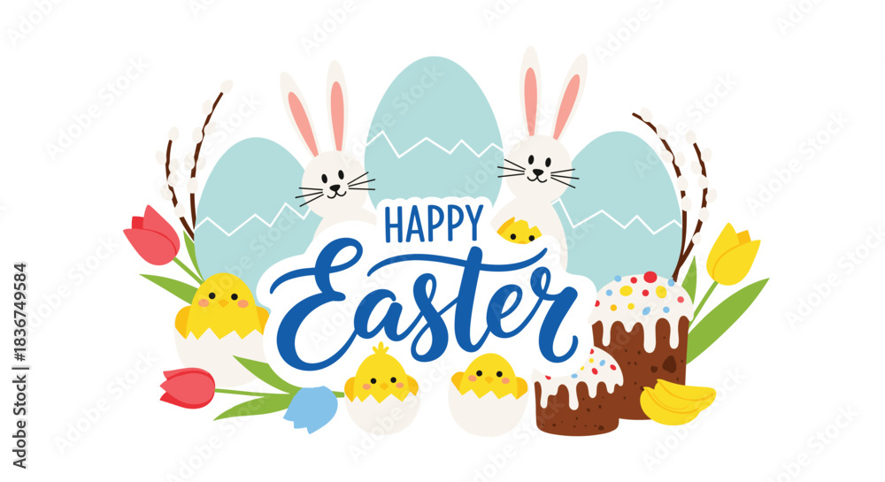 Fototapeta premium Happy Easter greeting card illustration with cute bunnies, chicks, decorated eggs, traditional holiday cake, and spring flowers on white.