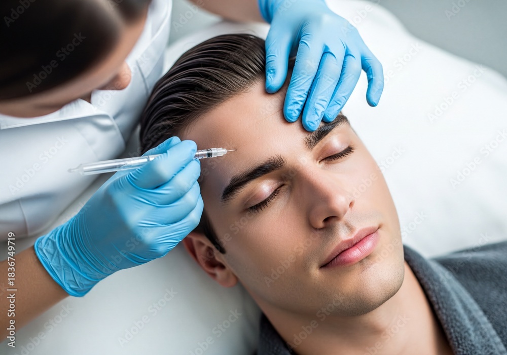 Fototapeta premium Professional Administers Cosmetic Forehead Injection to Young Man for Anti Aging Treatment