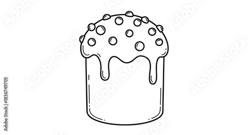 A simple black and white line art illustration of a traditional Easter cake with icing and sprinkles, suitable for a coloring page.