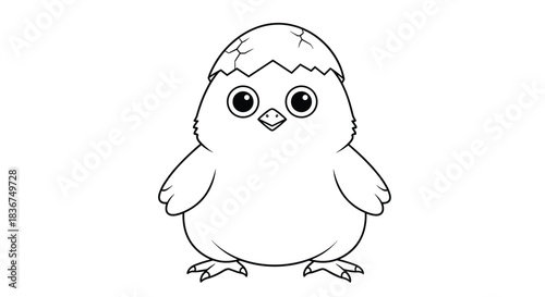Cute baby chick with large eyes wearing a cracked eggshell as a hat, drawn in a simple black and white outline for coloring.