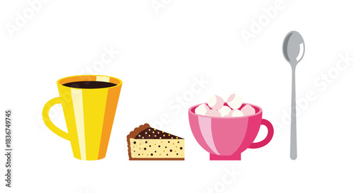Coffee break scene with a yellow coffee mug, a slice of cheesecake, a pink cup of hot chocolate, and a long spoon for stirring.