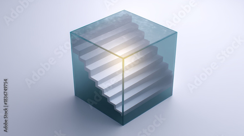 Geometric cube glass stairs minimal design abstract concept modern art soft light white steps clean style blue tint 3D render. Geometric cube with glass stairs and soft light evokes calm focus