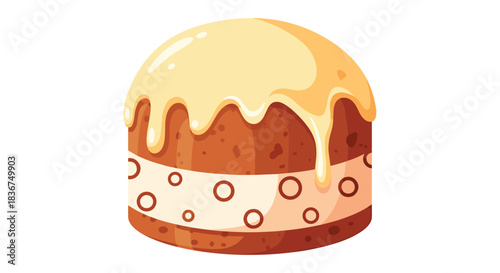 A delicious-looking Easter cake with sweet yellow icing dripping down the sides and a decorative paper wrap, in a flat cartoon style.