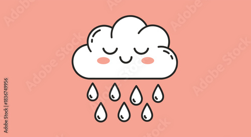 A cute kawaii-style cartoon cloud with a happy, sleeping face and raindrops, set against a solid pink background for a sweet design.