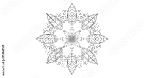 An intricate black and white mandala or snowflake design with leafy patterns and swirls, perfect for coloring, meditation, or decoration.