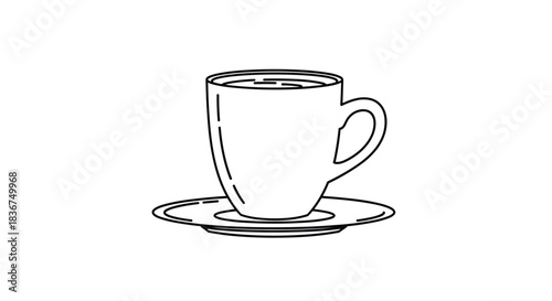 A simple black and white line drawing of a coffee or tea cup on a saucer, perfect for a coloring page or a minimalist cafe icon.