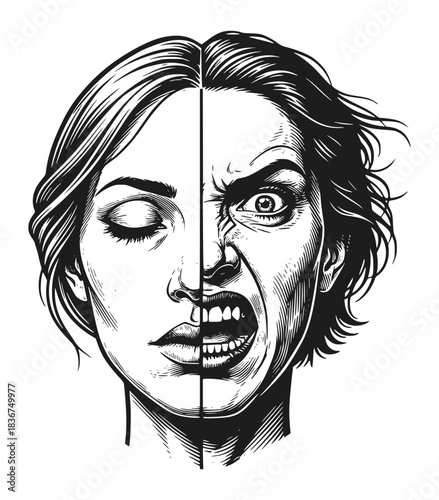 Striking black and white split portrait illustrating two contrasting emotions: calmness and extreme anger/distress. Represents duality, mental health, and mood swings.