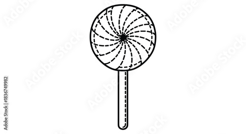 A black and white outline illustration of a swirl lollipop with a dashed line texture, suitable for a coloring page or candy icon.