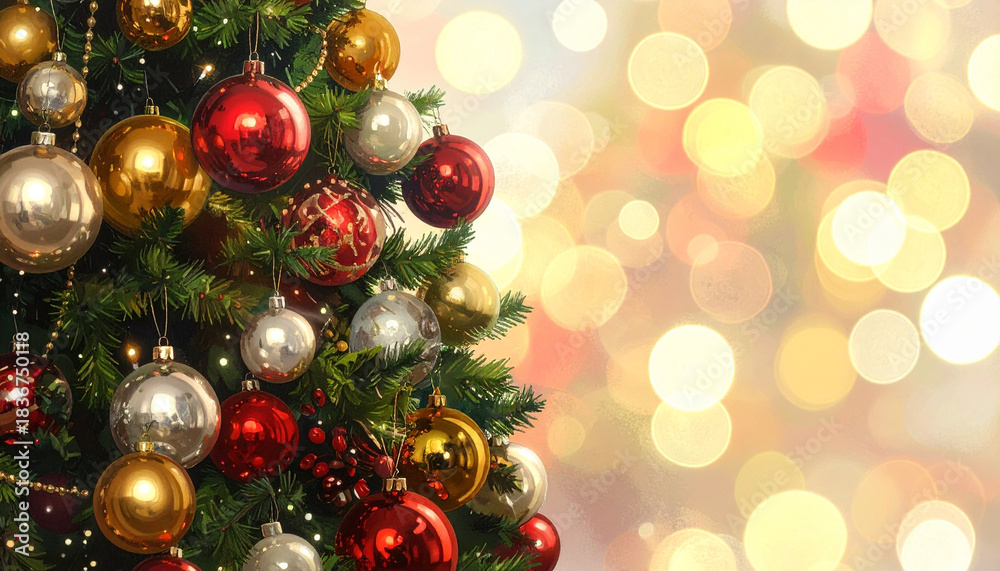 Fototapeta premium Christmas tree decorated with shiny red, gold, and silver baubles, creating festive and joyful holiday atmosphere with warm glowing lights in background