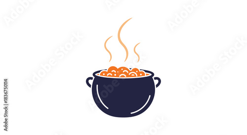 Minimalist flat icon of a steaming dark blue cauldron or cooking pot filled with hot food, symbolizing a warm, homemade meal.