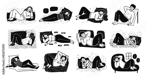 Monochrome vector set of people relaxing and sleeping in various positions on beds and couches. Illustrates comfort, fatigue, and downtime for health and wellness design.