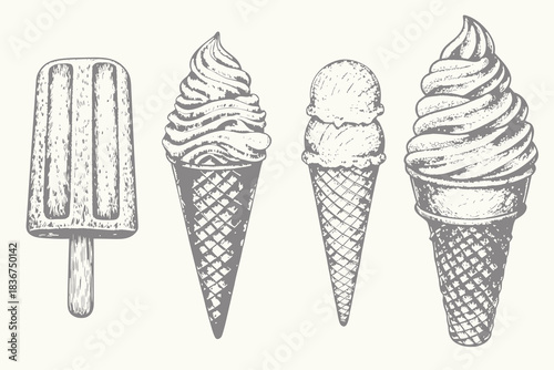 dessert concept Retro vintage style doodle ice cream set illustration. Hand drawn wafer cone, gelato, chocolate glazed, sundae, and ice cream served in a glass bowl engraving style. Eps 10
