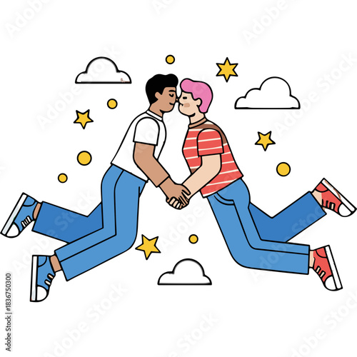 Two Men Holding Hands and Gazing at Each Other Against a Starry Night Sky with Clouds and Yellow Stars