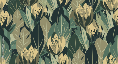 Elegant seamless floral pattern with stylized abstract leaves and flowers in a sophisticated, muted green and beige color palette.