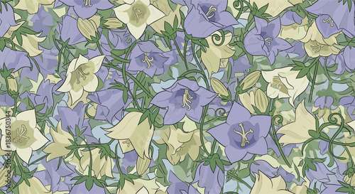 Beautiful seamless floral pattern featuring a dense field of blooming bluebell and campanula flowers in soft purple and cream tones.