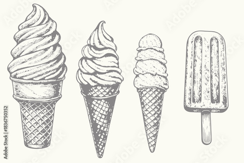 Vector Ice cream sketch desserts illustration. Sweet treats, bakery, cafe menu, summer dessert concept Retro vintage style doodle line art sketch. Eps 10