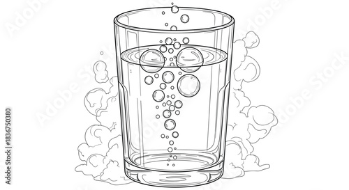 Monochrome line art illustration of a glass filled with sparkling water, showing detailed bubbles rising to the surface with a splash.