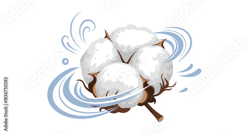 Artistic illustration of a fluffy white cotton boll with decorative blue swirls, representing natural softness, purity, and comfort.