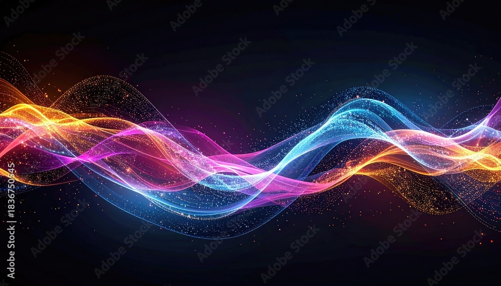 Fototapeta premium Abstract flowing colorful light waves with sparkling particles against a dark background