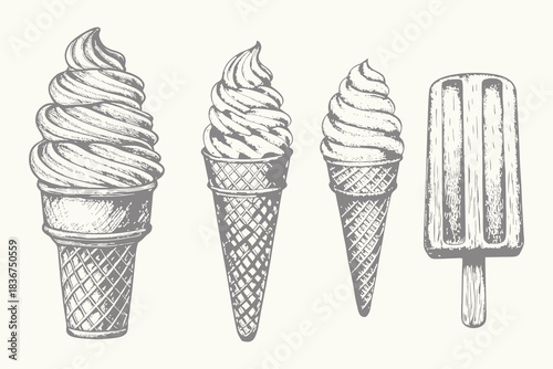 ice cream set vector illustration for creative design. Hand drawn collection illustrations with candies, scoop for it and berries for stuffing. Sketches for menu design.