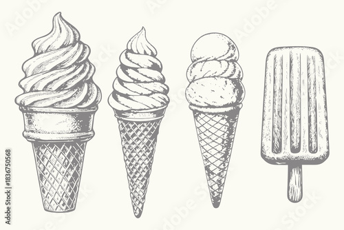 Vector vintage ice cream set for creative design. Different types of ice cream. Dessert, sweets, menu design, restaurant, shop. Isolated on white background. Vector illustration. Eps 10