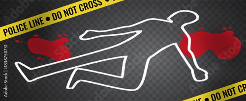 Crime scene investigation., Chalk outline of a human body with bloodstains on a transparent background, bordered by yellow police tape.