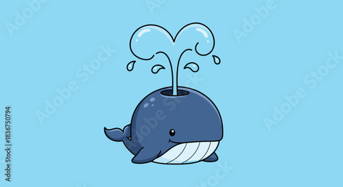 Adorable kawaii-style cartoon whale spouting a heart-shaped spray of water from its blowhole against a solid light blue background.