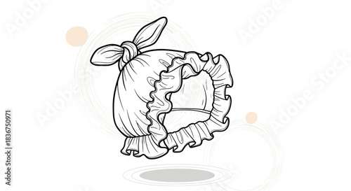 Vintage-style black and white line art illustration of a ruffled baby bonnet with a bow, set against a background of subtle circles.