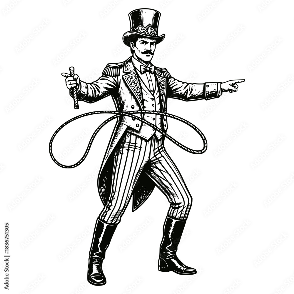 Obraz premium Black and white vector engraving of a dramatic circus ringmaster with a top hat and whip, pointing aggressively. Ideal for carnival, vintage show, performance, and strong leadership themes.