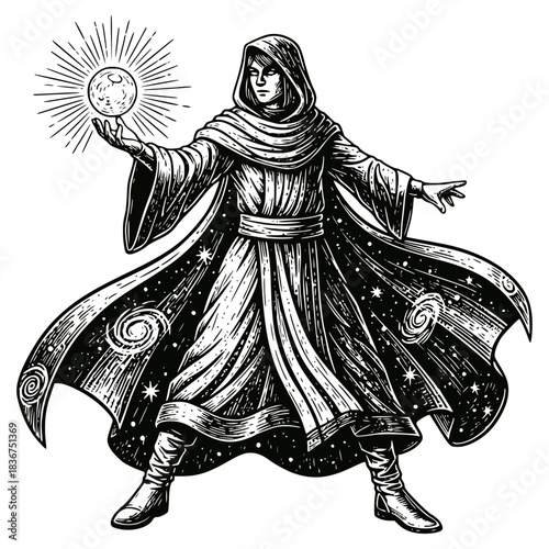 Powerful wizard in a flowing, hooded cloak with a galaxy lining, holding a glowing magical orb or moon. Detailed fantasy vector illustration for magic, role-playing games, and spiritual themes.