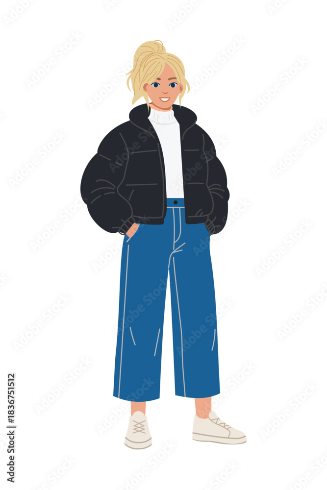 Obraz premium Winter fashion woman standing on white background wearing warm coat hat sweater leggings boots and bag modern cold season outfit character illustration for design use.