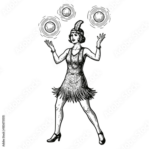 Vintage engraving of a glamorous 1920s flapper woman in a fringed dress and feathered headband, performing a juggling act. Perfect for themes of performance, roaring twenties, retro circus, or enterta