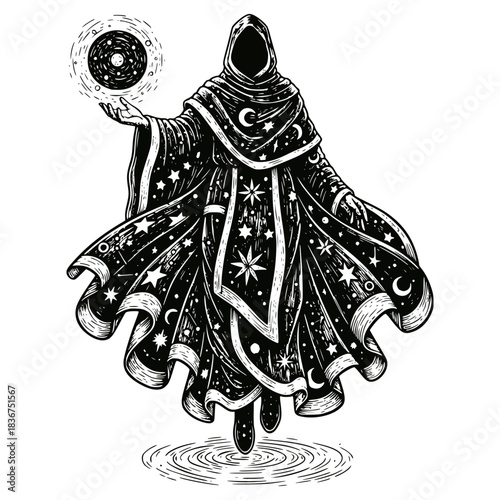 Occult wizard or warlock in a star and moon-adorned cloak, holding a cosmic orb, with a mysterious, dark fantasy aesthetic. Ideal for esoteric, magic, and spiritual themes.